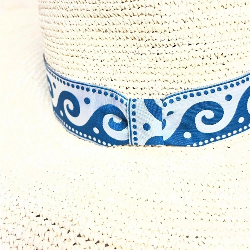 Anthropologie X Elegancia Tropical Stylish Beige Straw Hat with Blue Wave Band